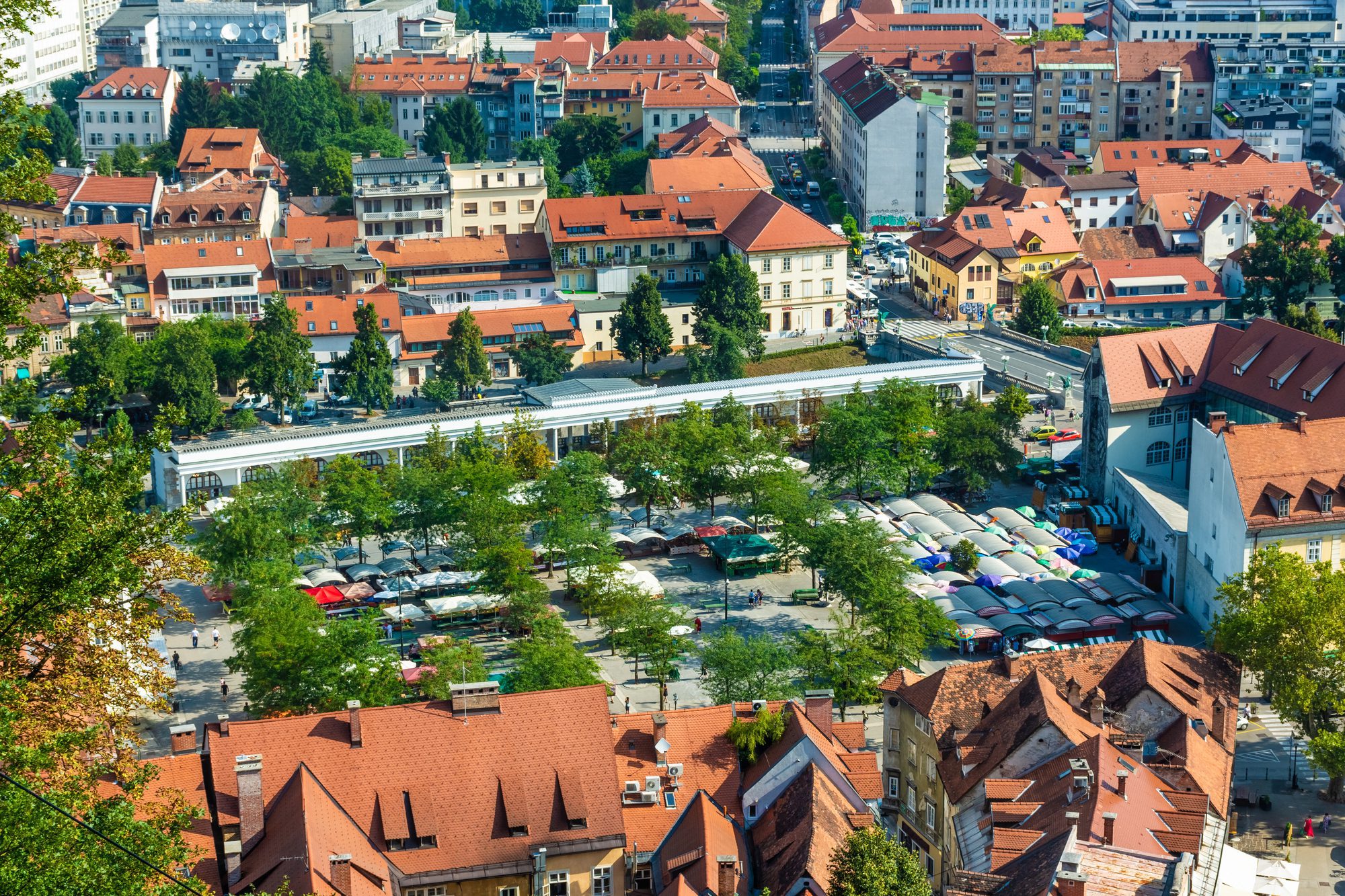 Fotografija ljubljanske tržnice iz zraka.